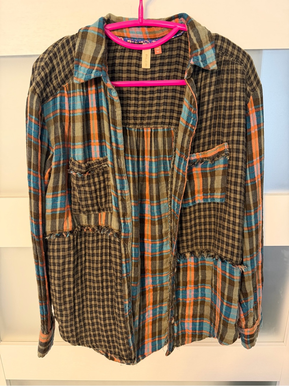 Pilcro Mixed Plaid Button-Up Shirt in Blue, Orange, Olive